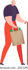 Elderly person with cane holding grocery bag, senior man shopping with walking stick. Independent living and age-related challenges vector illustration.