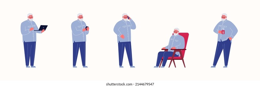 Elderly person character set. Old man leads active lifestyle. Emotions, gestures, postures, situations. Flat vector illustration isolated white background.