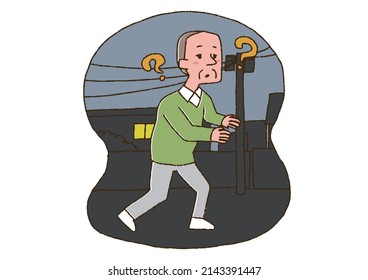 Elderly person with dementia wandering in the middle of the night (male) Comical handwritten person Vector, color on line drawing