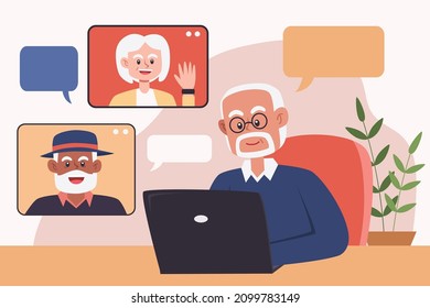Elderly person doing video call with friends