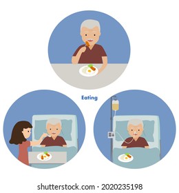 Elderly Person Eating Characters.care Giver Feeding A Old Man For Meal. Old Man On NG Tube. Senior Care And Activity Daily Living Concept.Vector Illustration.