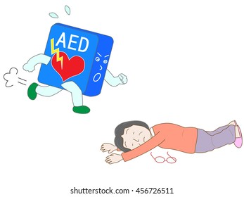 Elderly person falls down, and AED(Automated External Defibrillator) runs at emergency measures.