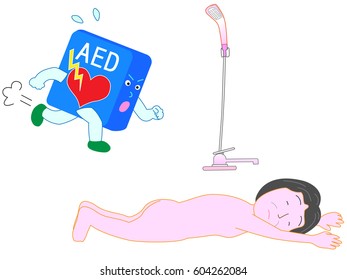 The elderly person falls down in a bathroom and AED (automatic outside defibrillator) runs by emergency procedure.