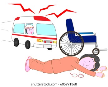 An elderly person falls down near a wheelchair. An ambulance came.