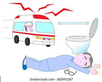 An elderly person falls down in a rest room. An ambulance came.