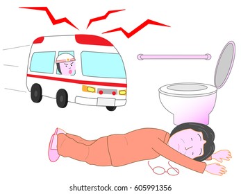 An elderly person falls down in a rest room. An ambulance came.