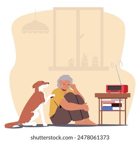 Anciano Que Se Siente Triste, Sentado En El Suelo Y Ser Consolado Por El Perro. Vector De Dibujos Animados Escena Se Encuentra En Una Acogedora Sala De Estar Con Una Ventana, Mesa Y Libros, Y Transmite Temas De Acompañamiento Y Comodidad