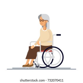 Elderly person. Grandmother in a wheelchair. Vector illustration in a flat style. Elderly disabled woman