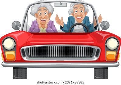 Elderly person happily driving a convertible car in a cartoon-style illustration