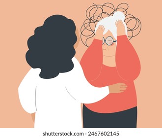 An elderly person has amnesia or dementia get a special special care. Nurse or social worker helps or supports a senior woman with Alzheimer disease. Memory loss and mental health disorder concept. 