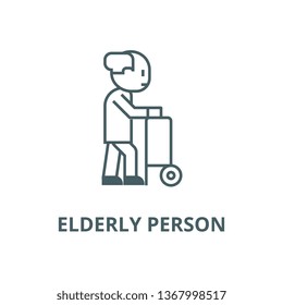 Elderly person with help wheels line icon, vector. Elderly person with help wheels outline sign, concept symbol, flat illustration