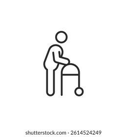 Elderly person icon with a walker. Simple line design representing senior care, mobility aid, and accessibility for aging individuals. Vector illustration