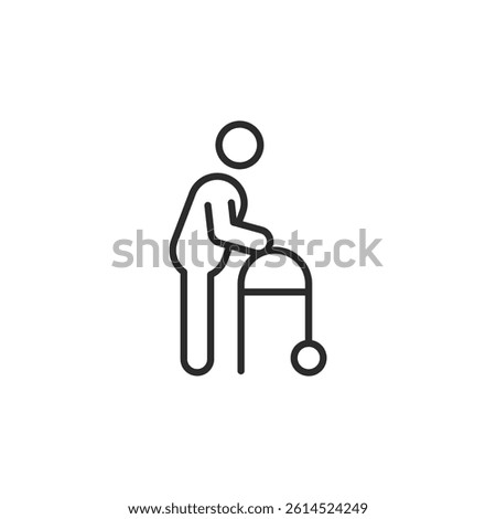 Elderly person icon with a walker. Simple line design representing senior care, mobility aid, and accessibility for aging individuals. Vector illustration