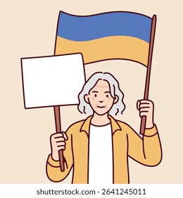 Elderly person joins public protest with blank sign and Ukraine flag. Symbol of active citizenship, freedom and social concern in retirement age. Copy space
