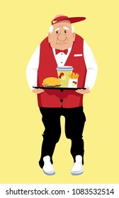 Elderly person, lacking retirement savings,  working minimal wage job at a fast food restaurant, EPS 8 vector illustration