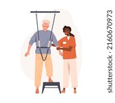 Elderly person learning, relearning to walk with physiotherapy equipment at rehab therapy. Physiotherapist teaching aged patient with disability. Flat vector illustration isolated on white background