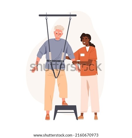 Elderly person learning, relearning to walk with physiotherapy equipment at rehab therapy. Physiotherapist teaching aged patient with disability. Flat vector illustration isolated on white background