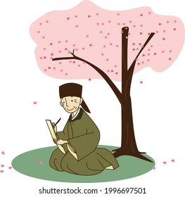 An elderly person singing a song under a cherry tree.