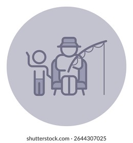 Elderly person sitting on chair, fishing with rod. Child standing beside them, waving. Joy of outdoor activities and family bonding concept