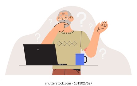 Elderly Person Study To Work On Notebook Or Computer And Having Difficulties. Older Generation Problems Using Technology. Confused Senior Man With Computer Trying To Figure Out With New Technologies.
