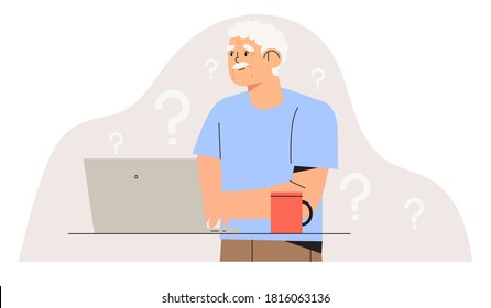 Elderly Person Study To Work On Notebook Or Computer And Having Difficulties. Older Generation Problems Using Technology. Confused Senior Man With Computer Trying To Figure Out With New Technologies.