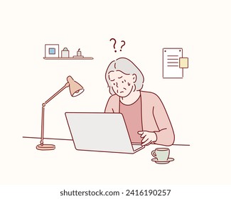 Elderly person study to work on notebook or computer and having difficulties. Hand drawn style vector design illustrations.