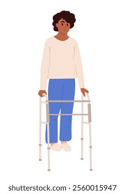 Elderly person with walker. EIderly woman with disabilities moves with the help of a walker. Vector illustration in flat cartoon style