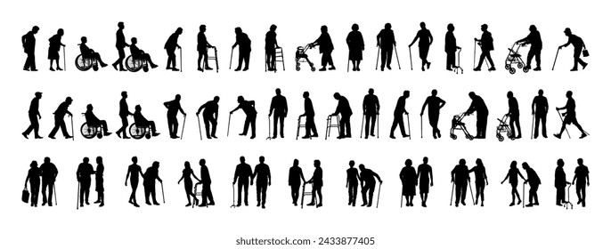 Elderly person with walking aids vector silhouette set collection.	