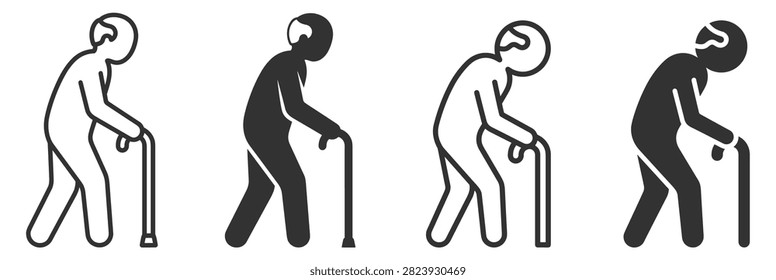 elderly person walking with cane icon set, silhouette and outline, disability and senior assistance symbols on transparent background