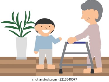 Elderly person walking with a grandchild and an indoor fixed walker