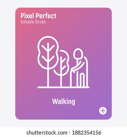 Elderly person walking in park. Nursing home. Thin line icon. Pixel perfect, editable stroke. Vector illustration.