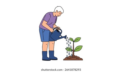 Elderly Person Watering a Young Plant with a Watering Can in the Garden