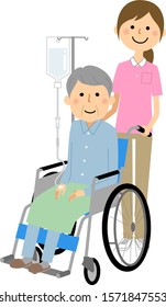 Elderly person in wheelchair and illustration of a caregiver.