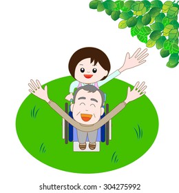 Elderly person of the wheelchair taking a walk with a care person in a welfare institution