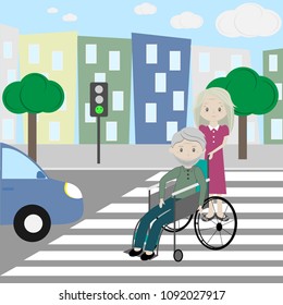 an elderly person in a wheelchair is transported by old woomen across the road