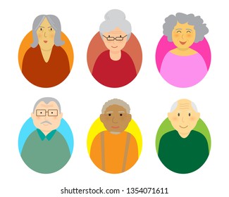 Elderly persons cartoon vector illustration design. Happy character international retired man and woman simple flat style on white background.  