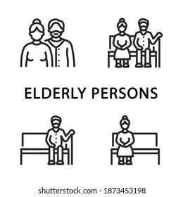 Elderly persons flat line icon set. Vector illustration aged people sit on a bench in pair and one at a time. Editable strokes.