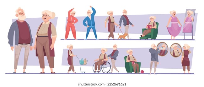 Elderly persons. Male and female characters grandmother and grandfather senior people in casual style clothes exact vector illustrations set