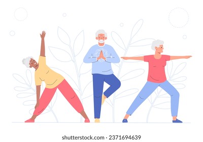 Elderly persons stretching, doing yoga. Exercise for concentration and attention, internal balance. Healthy and active lifestyle for old people. 