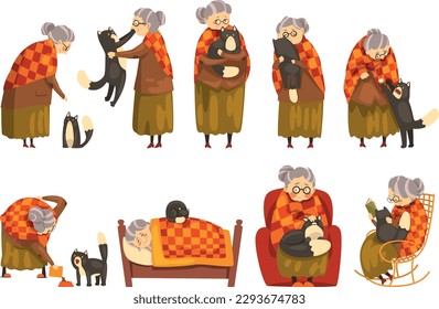 Elderly pet owner and cat. Senior woman feeding, hugging, playing with four legged animal friend cartoon vector Illustration