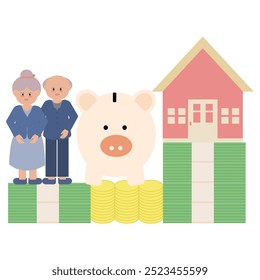 Idosos, mealheiro, casa, moedas, notas de banco, conceito de aposentação e pensão