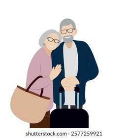 Elderly positive couple going on a trip, flat style, faceless illustration, isolate on white