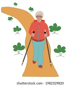 An elderly, positive woman is engaged in Nordic walking. Colorful vector illustration with a happy woman . Active lifestyle of people in retirement.