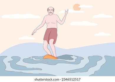 Elderly practicing surf board, Grandparents doing exercises, Sport, Morning exercises, Cartoon vector illustration.