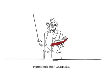 Elderly Professor With Cane And Big Red Book. World Teachers Day. Mentor Educator Chief Coach Miss Madam Line Art Vector Graphic. Grumpy Old Teacher. Serious Looking Old Lady. Woman Art