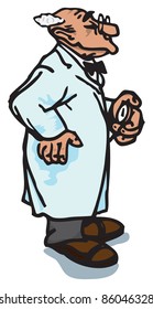 An elderly professor doctor in glasses with a stopwatch in hand and a white coat.