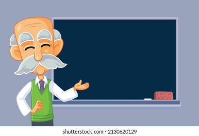 Elderly Professor Pointing to the Blackboard Vector Cartoon Illustration. Senior professor explaining and making a presentation in front of the class
