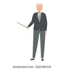 Elderly professor is standing and pointing with a wooden pointer