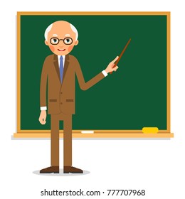 Elderly professor stands in front of blackboard with pointer in his hand. School teacher or lecturer at a university or college points to school board. Illustration in flat style. Isolated. Vector.
