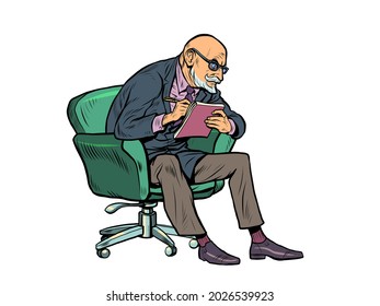An elderly psychotherapist listens attentively and writes in a notebook. Psychotherapy session
